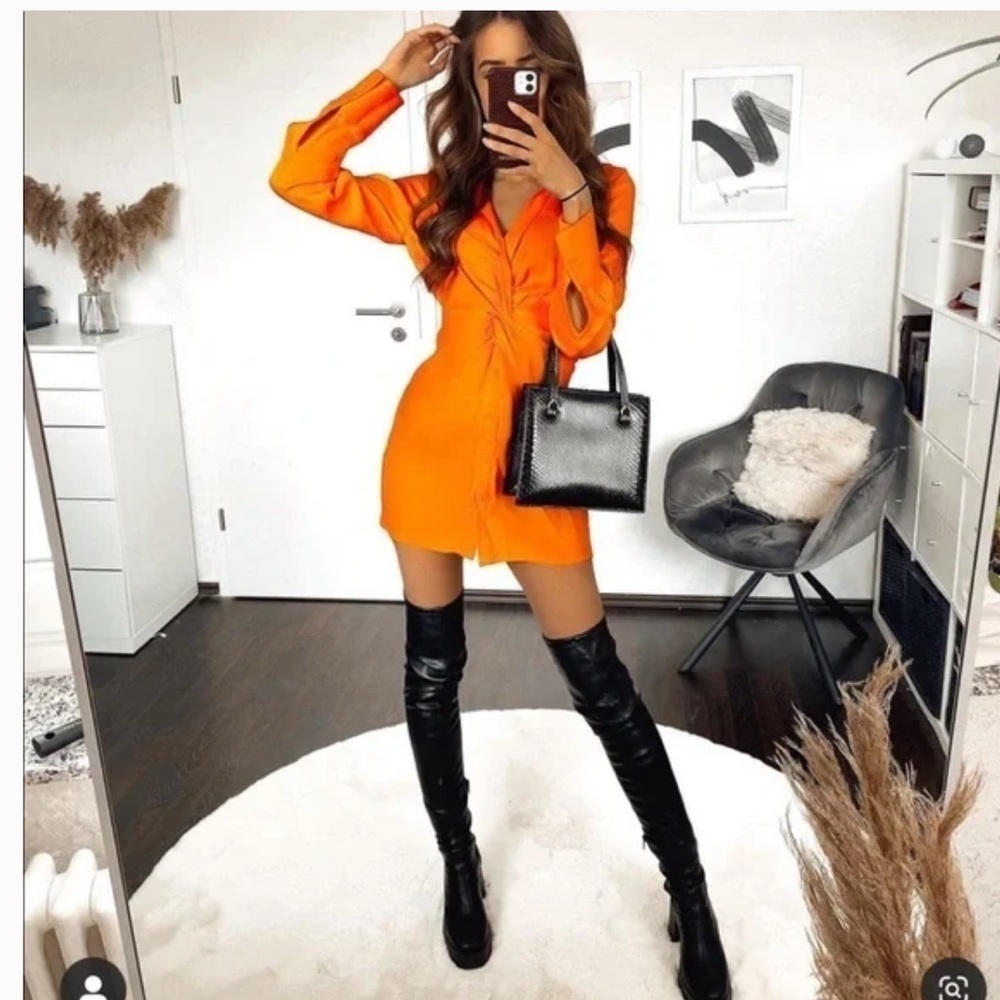 Zara Satin Orange Twist Front Dress Bloggers Favorites
